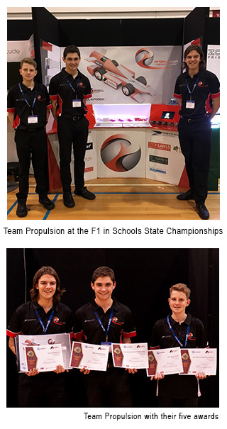 Image 1 - Team Propulsion at the F1 in Schools State Championships. Image 2 - Team Propulsion with their 5 awards.