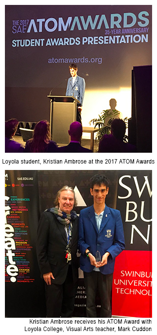 Image 1 - Loyola Student, Kristian Ambrose at the ATOM Awards. Image 2 - Kristian Ambrose recieves his ATOM Award with Loyola College, Visual Arts Teacher, Mark Cullen.