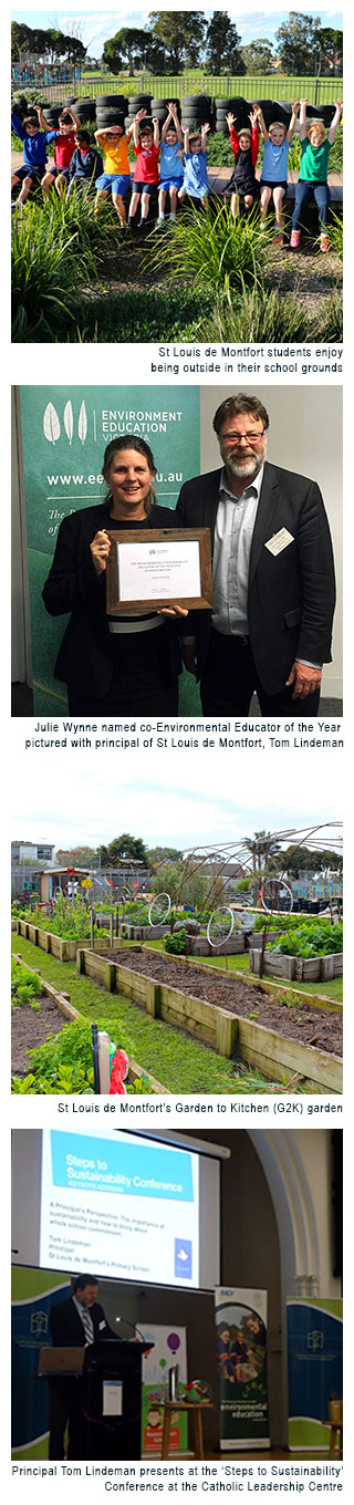 Image 1 - St Louis de Montfort students enjoy being outside in their school grounds. Image 2 - Julie Wynne named co-Environmental Educator of the Year pictured with principal of St louis de Montfort, Tom Lindeman. Image 3 - St Louis de Montfort's garden to kitchen.