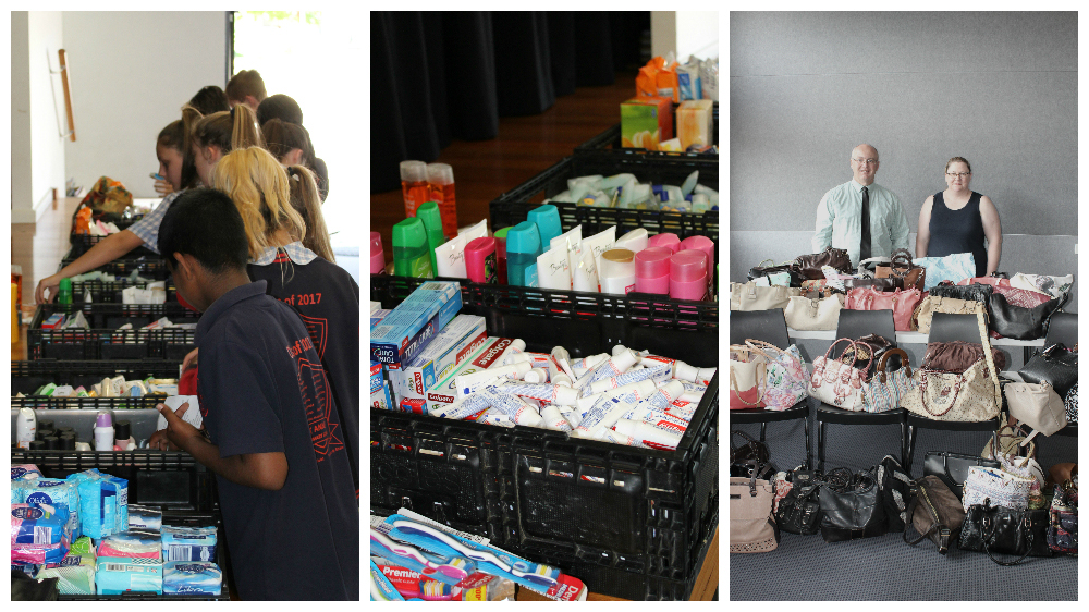 Image 1. Grade 6 Students from St Anne's Help pack handbags for the #itsinthebag campaign. Photo courtesy: Kristin Rowell. Image 2 - Close up of products. Image 3 - Principal Rod Shaw and Vice Principal/RE Coordinator Sally Thomas with full bags. Photo Courtesy of Kristin Rowell.