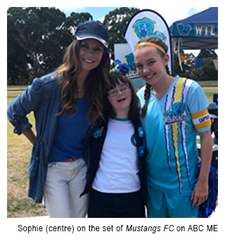 Sophie (centre) on the set of Mustangs FC on ABC ME