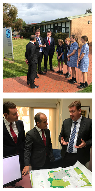 Image 1 - James Merlino, Tim Richardson and Michael Russo with students from St Brigid. Image 2 - James Merlino, Tim Richardson and Michael Russo
