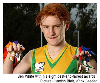 Aquinas College student Ben White with his eight best and fairest medals