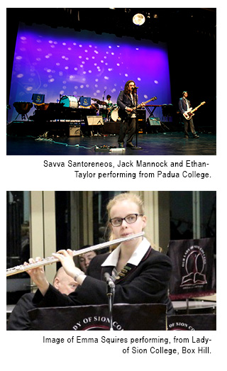 Savva Santoreneos, Jack Mannock and Ethan-  Taylor performing from Padua College, Image of Emma Squires performing, from Lady-  of Sion College, Box Hill.