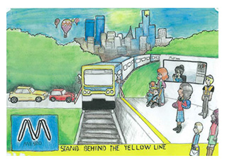 Illustration from the winner of the Rail safety poster competition, demonstrating Metro's "Stand behind the yellow line" policy