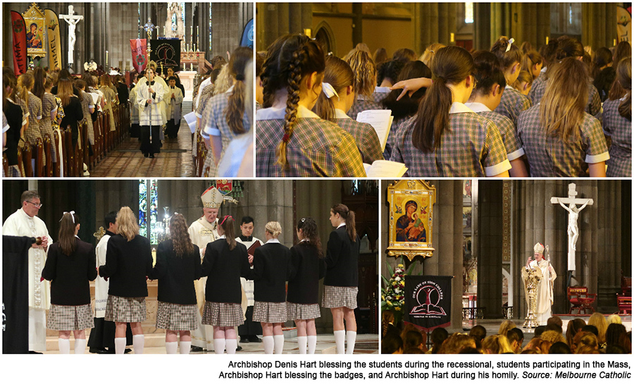 Archbishop Denis Hart blessing the students during the recessional, students participating in the Mass, Archbishop Hart blessing the badges, and Archbishop Hart during his homily.
