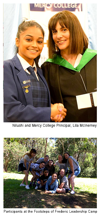 Image 1 - Nilushi and Mercy College Principal, Lila McInerney. Image 2  - Participants at the Footsteps of Frederic Leadership Camp