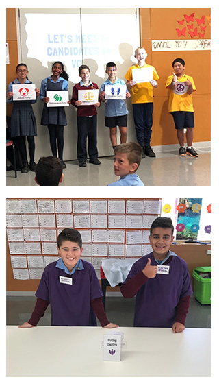 Year 6 students from Emmaus Catholic Primary School, Sydenham, participating in a Parliament incursion at their school.