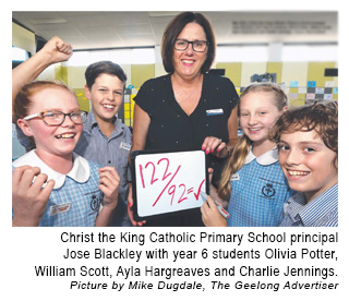 Image 1 - Christ the King Catholic Primary School principal Jose Blackley with Year 6 students Olivia Potter, William Scott, Ayla Hargreaves and Charlie Jennings. Table showing each schools, literacy average and numeracy score.