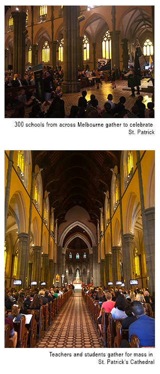 Image 1 - 300 schools from across Melbourne gather to celebrate St. Patrick. Image 2 - Teachers and students gather for mass in St Patrick's Cathedral.