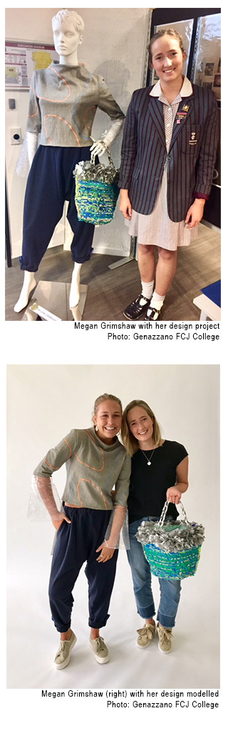 Image 1 - Megan Grimshaw with her design project, Image 2: - Megan Grimshaw with her design modelled