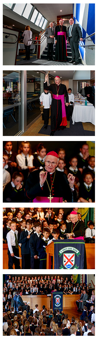 Images of Archbishop Hart at St Patrick's School for the blessing of their school elevator.