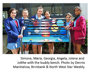 Simone, Maria, Georgia, Angela, Jolene and Jotthe with the buddy bench. Photo by Dennis Manktelow, Brimbank & North West Star Weekly.
