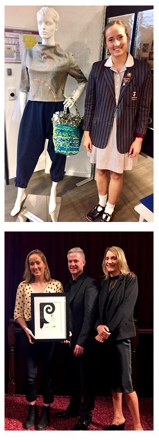 Images of Year 12 Genazzano College, Kew, student Megan Grimshaw being awarded the inaugural VCE Product Design Student Award at the Victorian Premier’s Design Awards for her garment Reinventing Plastic Waste.