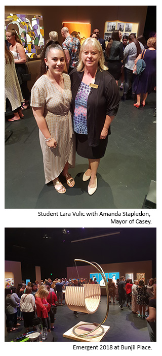 First image is of Student Lara Vulic with Amanda Stapledon, Mayor of Casey. The second image is of Emergent 2018 at Bunjil Place.