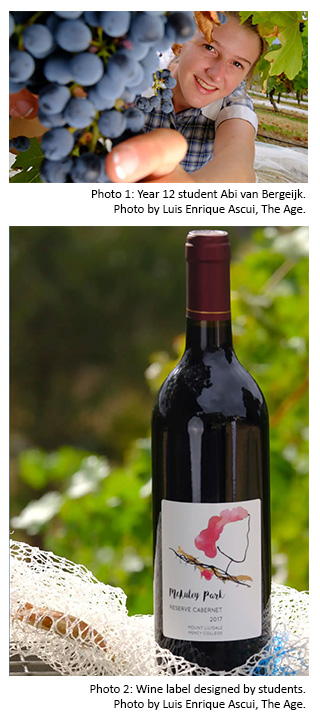 Photo 1: Year 12 student Abi van Bergeijk. Photo by Luis Enrique Ascui, The Age. Photo 2: Wine label designed by students. Photo by Luis Enrique Ascui, The Age.