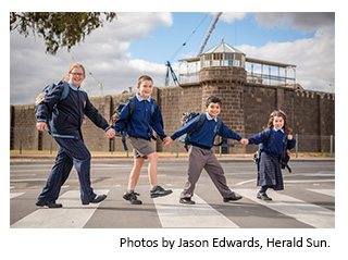 Students at St Paul’s School, Coburg, getting ready to walk to school for National Walk Safely to School Day this Friday. Photo by Jason Edwards, Herald Sun