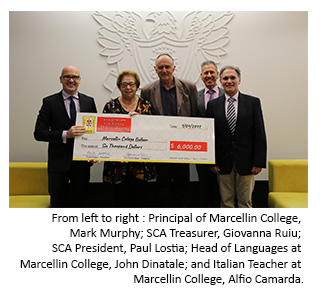 From left to right : Principal of Marcellin College, Mark Murphy; SCA Treasurer, Giovanna Ruiu; SCA President, Paul Lostia; Head of Languages at Marcellin College, John Dinatale; and Italian Teacher at Marcellin College, Alfio Camarda.