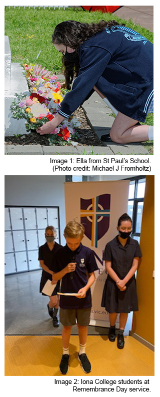 Image 1: Ella from St Paul’s School. (Photo credit: Michael J Fromholtz) Image 2: Iona College students at Remembrance Day service.